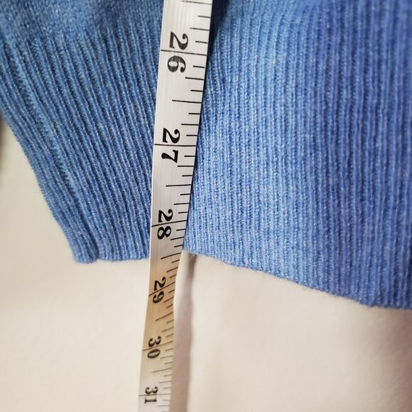 State Cashmere Mens Large 100%  Polo Collar Sweater Sky Blue Suede Elbows Lux - Picture 9 of 9